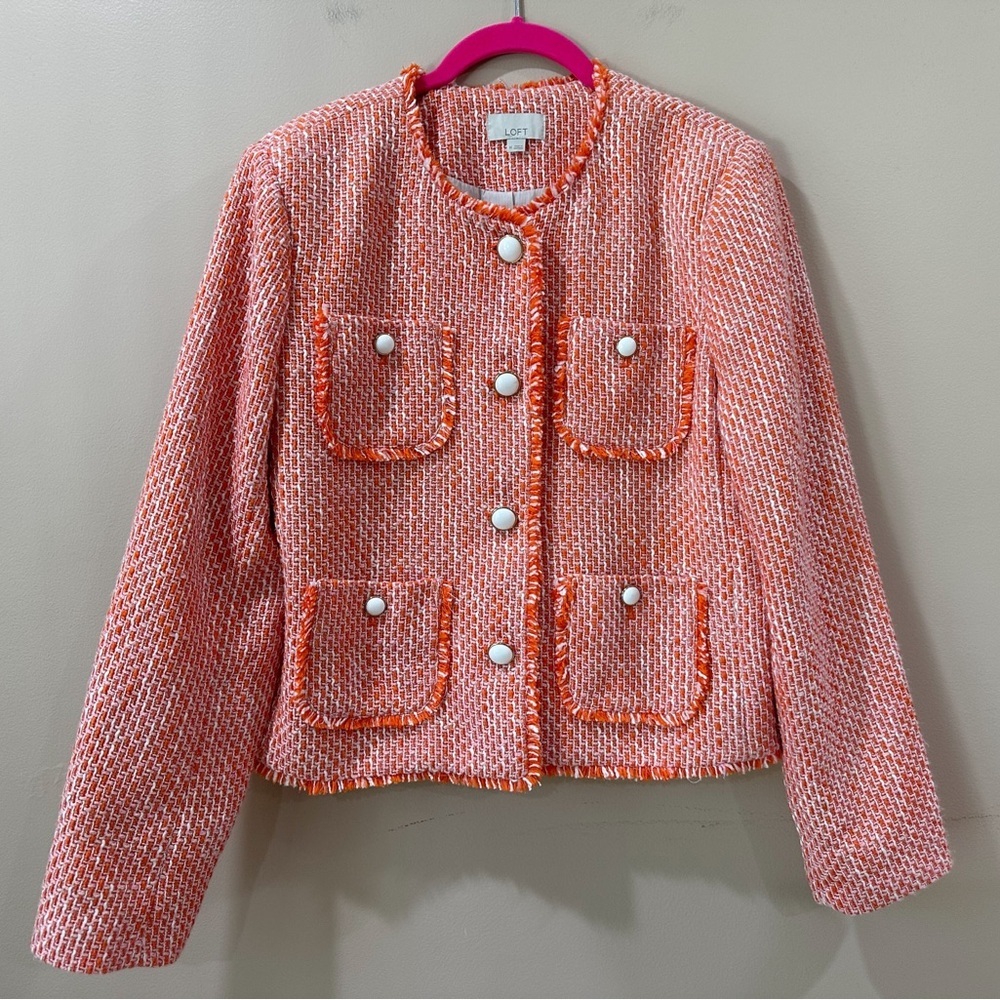 Loft Jacket Women M Orange Tweed Cropped BLAZER Workwear Career 762669 - Picture 2 of 8